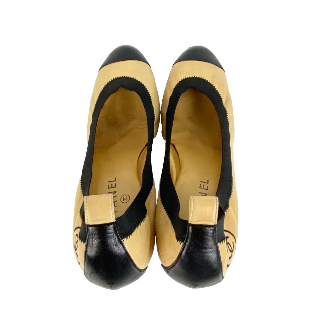 Chanel Leather Pumps Women 40.5 Beige Black Sz 8.5 Luxury Vintage Shoes Cap Toe - Picture 6 of 10